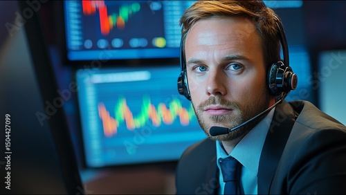 Serious Stock Trader Looks At Camera While On Trading Floor