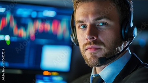 Serious Stock Trader Looks At Camera While On Trading Floor