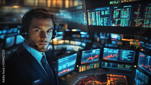 Serious Stock Trader Looks At Camera While On Trading Floor
