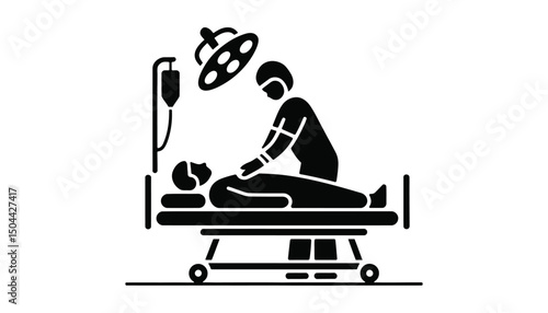 Doctor Performing CPR on Patient in Hospital Bed – Emergency Medical Care Vector Illustration

