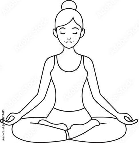 Woman in lotus position meditating line art vector illustration
