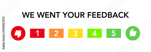 We want your feedback rate scale 1 to 5 score. Colorful feedback survey vector template on white background. Customer feedbacks survey opinion service.