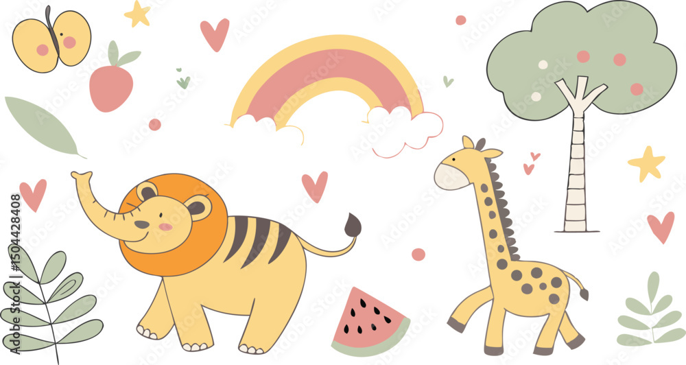 Naklejka premium Hand drawn Baby design for textile, posters, cards. Cute Baby animals pattern. Fabric baby design. Vector illustration with cute animals. Nursery baby pattern illustration of a variety Animels.