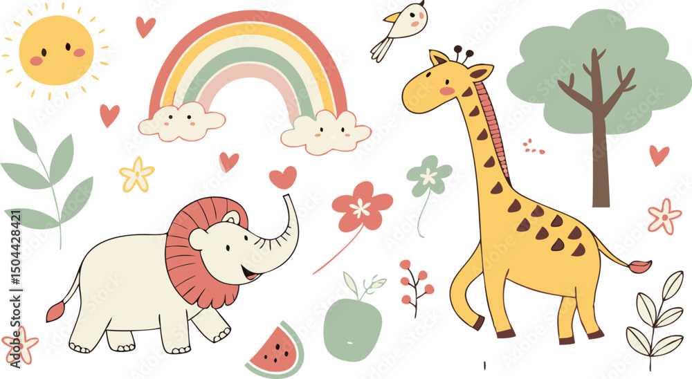 Naklejka premium Hand drawn Baby design for textile, posters, cards. Cute Baby animals pattern. Fabric baby design. Vector illustration with cute animals. Nursery baby pattern illustration of a variety Animels.
