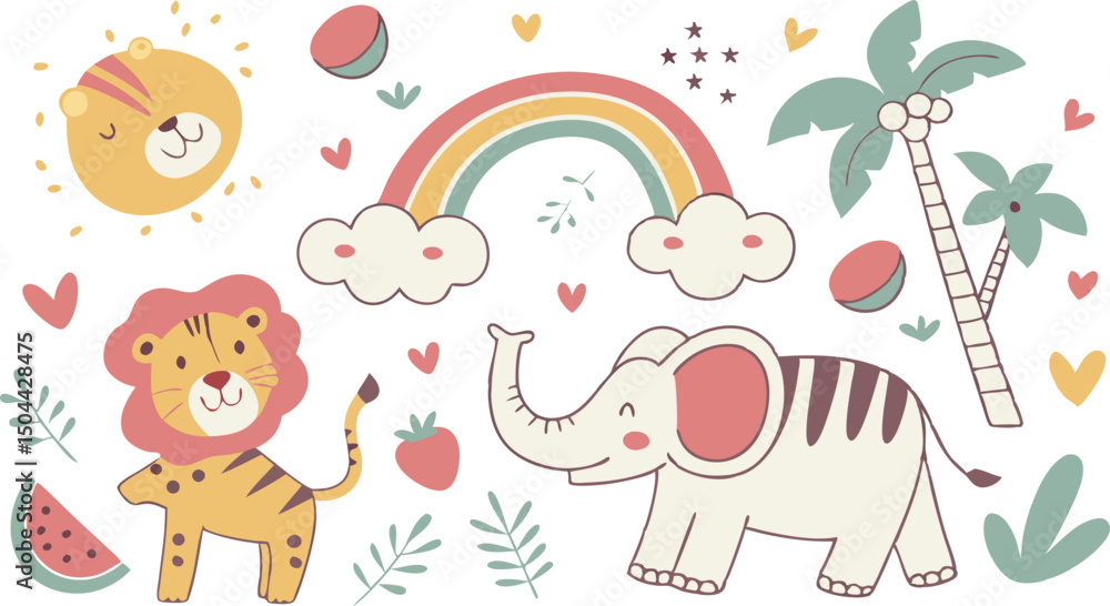 Fototapeta premium Hand drawn Baby design for textile, posters, cards. Cute Baby animals pattern. Fabric baby design. Vector illustration with cute animals. Nursery baby pattern illustration of a variety Animels.