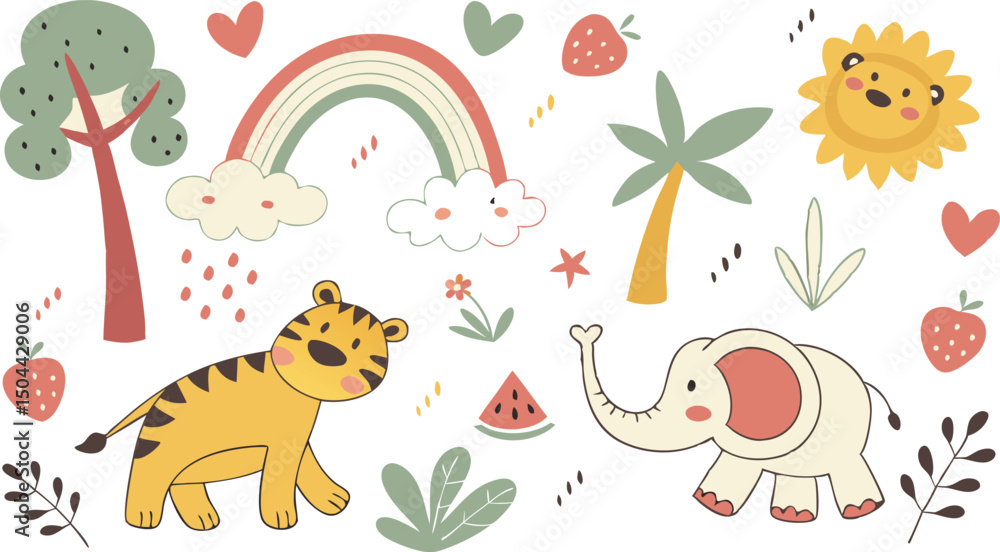 Fototapeta premium Hand drawn Baby design for textile, posters, cards. Cute Baby animals pattern. Fabric baby design. Vector illustration with cute animals. Nursery baby pattern illustration of a variety Animels.