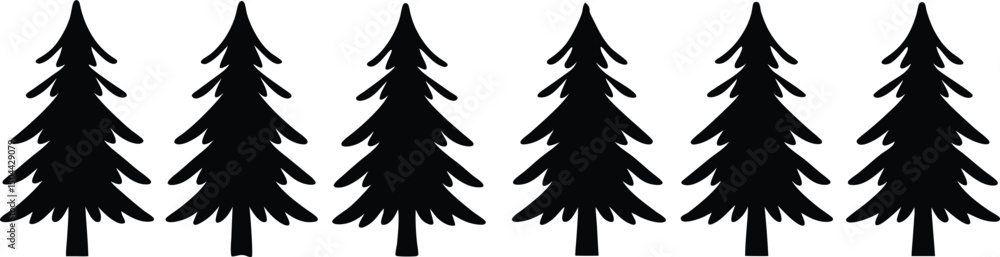 Obraz premium Row of Evergreen Trees Silhouettes on White Background for Winter Designs