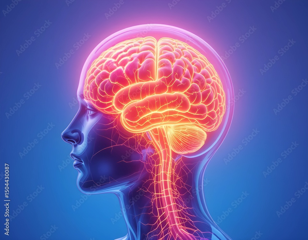 Obraz premium Futuristic 3D Rendering of Human Brain Activity in Female Profile – Transparent Head and Spine Visualizing Neural Network and Central Nervous System in Digital Medical Illustration