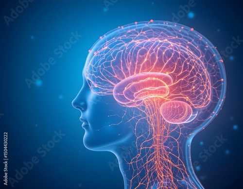 Futuristic 3D Rendering of Human Brain Activity in Female Profile – Transparent Head and Spine Visualizing Neural Network and Central Nervous System in Digital Medical Illustration