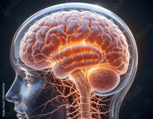 Futuristic 3D Rendering of Human Brain Activity in Female Profile – Transparent Head and Spine Visualizing Neural Network and Central Nervous System in Digital Medical Illustration