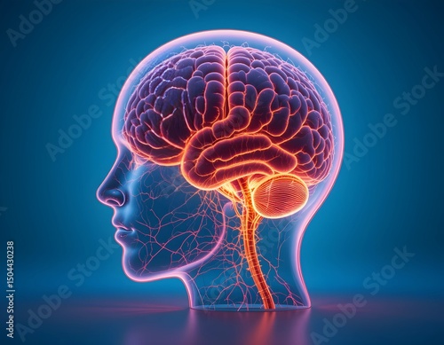 Futuristic 3D Rendering of Human Brain Activity in Female Profile – Transparent Head and Spine Visualizing Neural Network and Central Nervous System in Digital Medical Illustration
