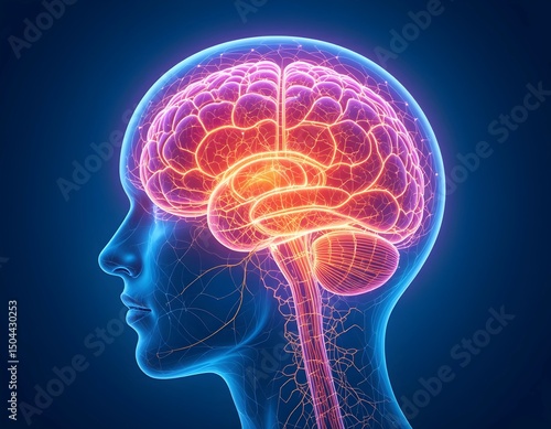 Futuristic 3D Rendering of Human Brain Activity in Female Profile – Transparent Head and Spine Visualizing Neural Network and Central Nervous System in Digital Medical Illustration