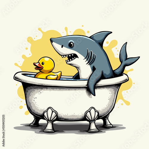 Cartoon shark and rubber duck playing in a bathtub with bubbles  