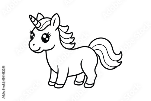 Line art drawing of a baby unicorn with a tiny horn.eps