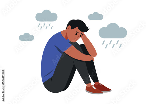 A depressed man is immersed in his sad thoughts. A frustrated man sits with his arms wrapped around her legs, lost in sad thoughts. The concept of mental disorder, sadness and anxiety.