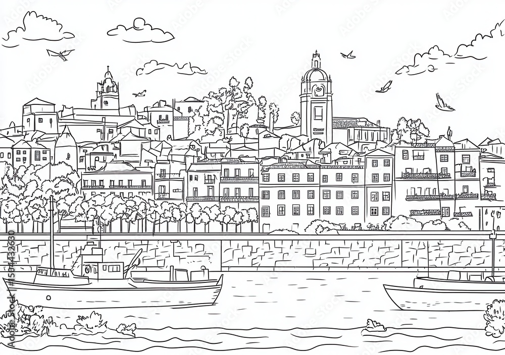 Fototapeta premium Coastal Town Line Art Illustration