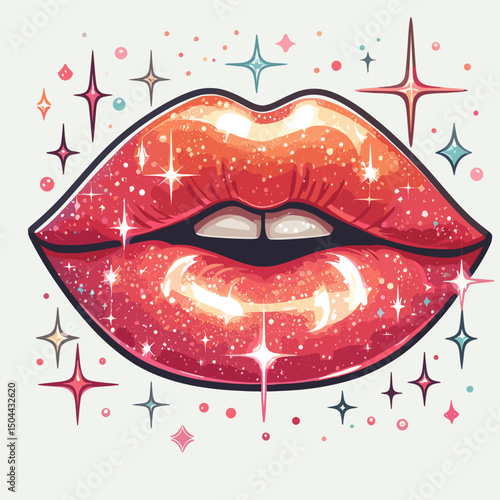 Sparkling glossy lips with glitter and stars, creating an eye-catching graphic illustration