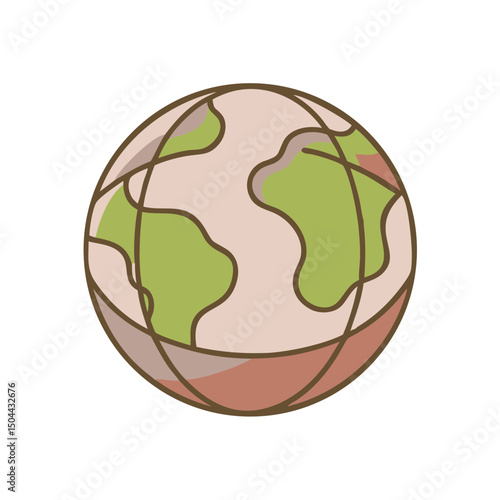Stylized globe icon featuring green landmasses on a beige background
