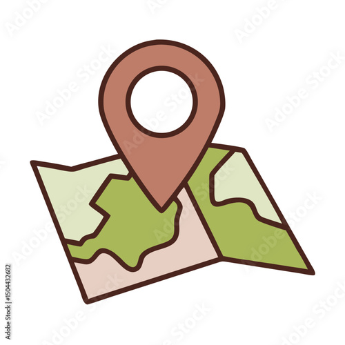 Stylized map icon with a location pin in brown and green colors
