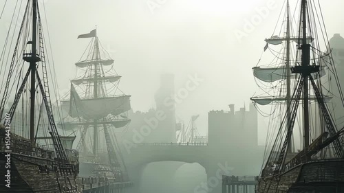 Wallpaper Mural Misty harbor with ancient ships under a bridge Torontodigital.ca