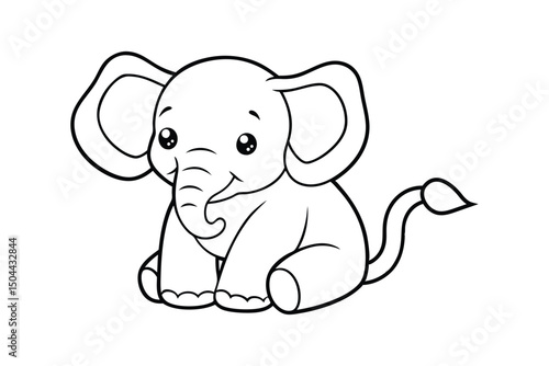 Line art drawing of a smiling baby elephant with large floppy ears.eps