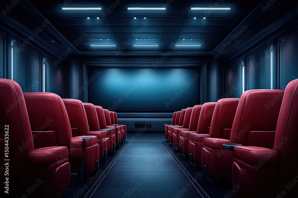 Modern cinema interior featuring rows of plush red seats arranged in a darkened room with ambient lighting and a large screen, creating an inviting movie-watching atmosphere Modern cinema interior featuring rows of plush red seats arranged in a darkened room with ambient lighting and a large screen, creating an inviting movie-watching atmosphere