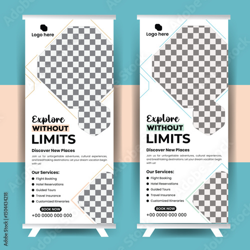 Modern Travel Roll-Up Banner Design Template for Tourism Agency Promotions, Vacation Deals, and Travel Services – Fully Editable Print Layout for Flight Booking, Tours, and Getaways Design Template.
