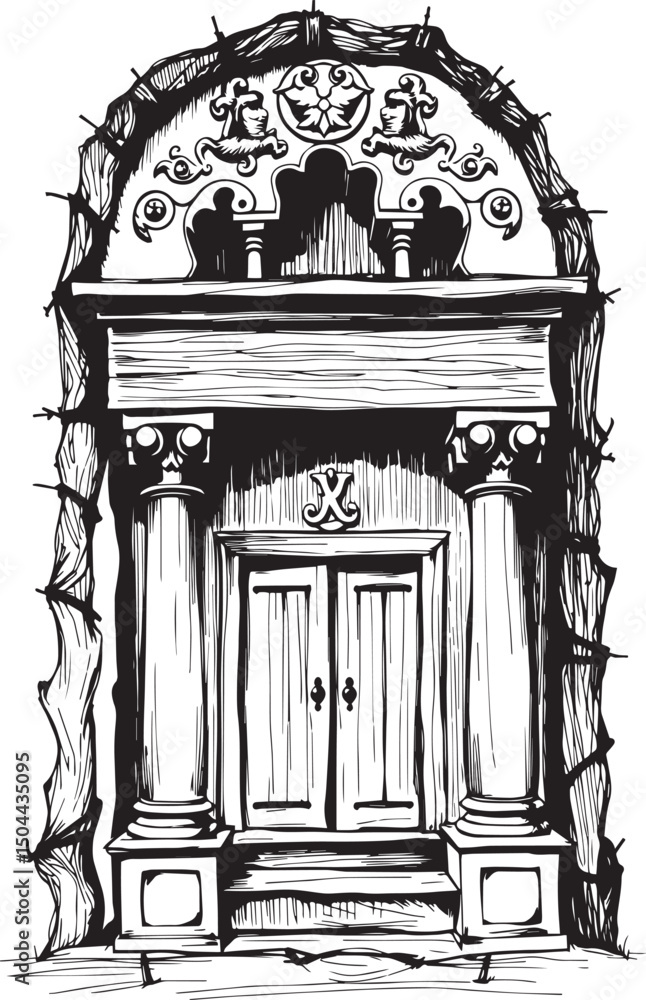 Fototapeta premium Ancient Slavic architecture, the patterns are made with wood carvings. Hand drawn vector illustration