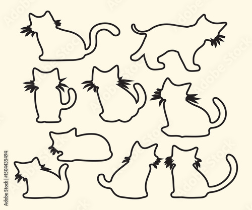 Set of vector cats, Pets silhouette hand-drawn animal collection.