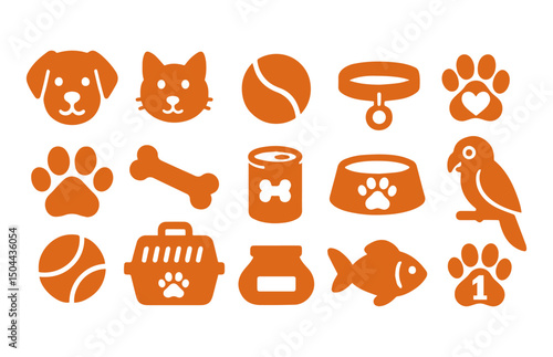 Pet icons. Vector silhouette. Pet accessories elements: bone, paw, leash, food, cat and dog