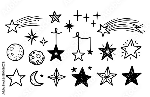 Set of doodle elements, stars, meteorites, moon, hand drawn. Vector eps 10.