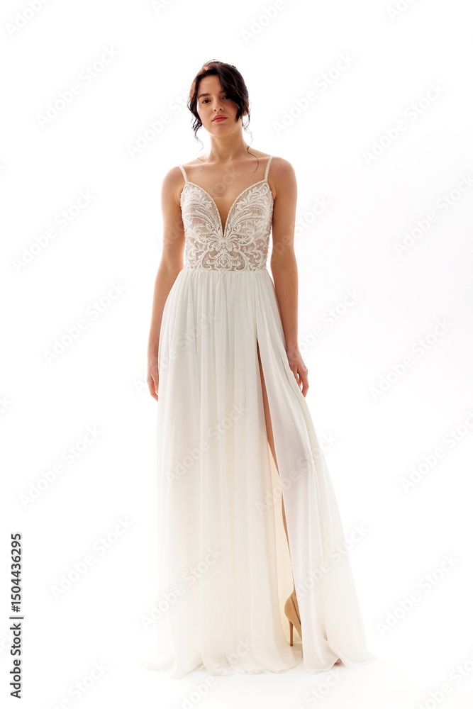 Elegant woman in a stunning white evening gown posing against a plain background Elegant woman in a stunning white evening gown posing against a plain background