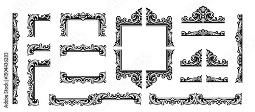 Set of vintage photo frame elements. Hand drawn Victorian retro style. Vector illustration isolated on white