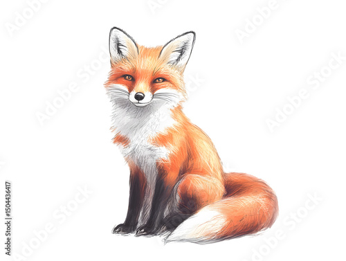 Digital Painting of an Orange Fox Sitting with a Curious Gaze on Transparent BG