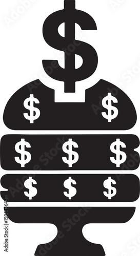 Silhouette vector of a burger made of dollar signs, symbolizing value, profit, and financial success for food business and marketing designs.