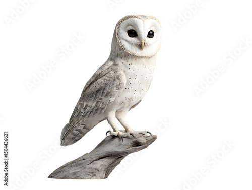 Barn Owl Perched on Branch with Detailed Plumage in Portrait with Transparent Background