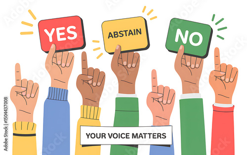 Diverse hands voting yes abstain no your voice matters concept illustration