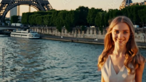 Smiling woman near river at sunset