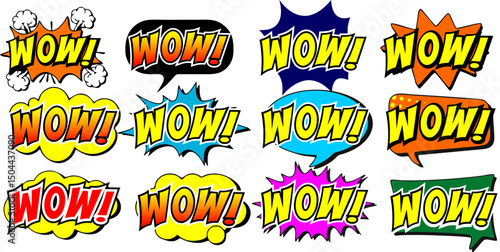 Cartoon comic sign burst clouds. Speech bubble, wow sign expression and pop art text frames. Comics mem expressions speech, superhero book wow label. Isolated vector symbols set