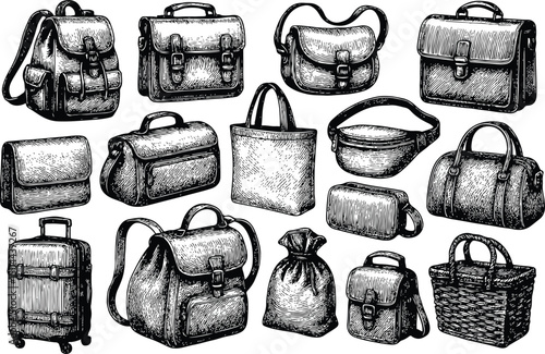 Black and white vintage illustration of various types of bags and luggage, including backpacks, handbags, suitcases, and baskets, showcasing diverse travel and fashion accessories