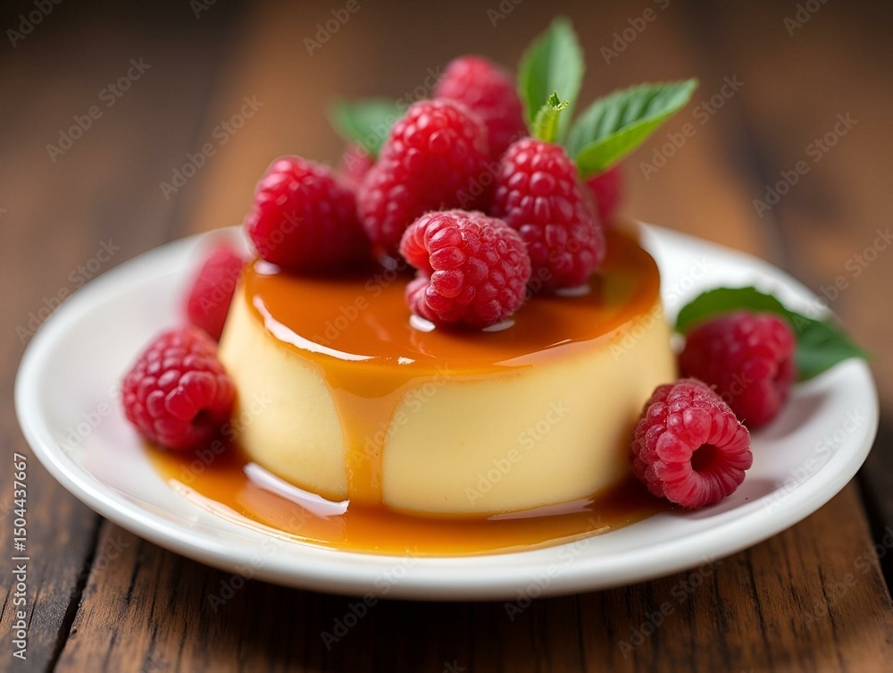 Caramel flan with raspberries, rustic wood background, dessert, food photography, culinary Caramel flan with raspberries, rustic wood background, dessert, food photography, culinary