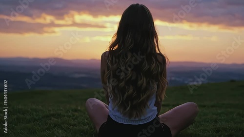 Woman watching sunset on mountain