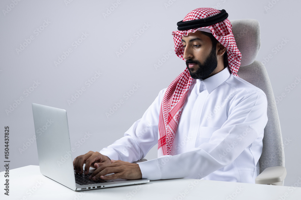 A collection of images of Arab business professionals, both male and female, in traditional clothing working together in a modern office setting, using laptops, discussing projects, and collaborating A collection of images of Arab business professionals, both male and female, in traditional clothing working together in a modern office setting, using laptops, discussing projects, and collaborating