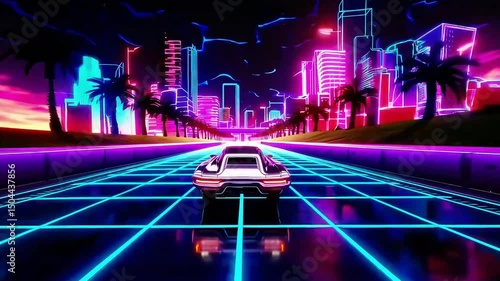 Retro car in neon cyberpunk city