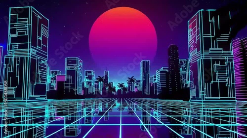 Futuristic neon cityscape at sunset