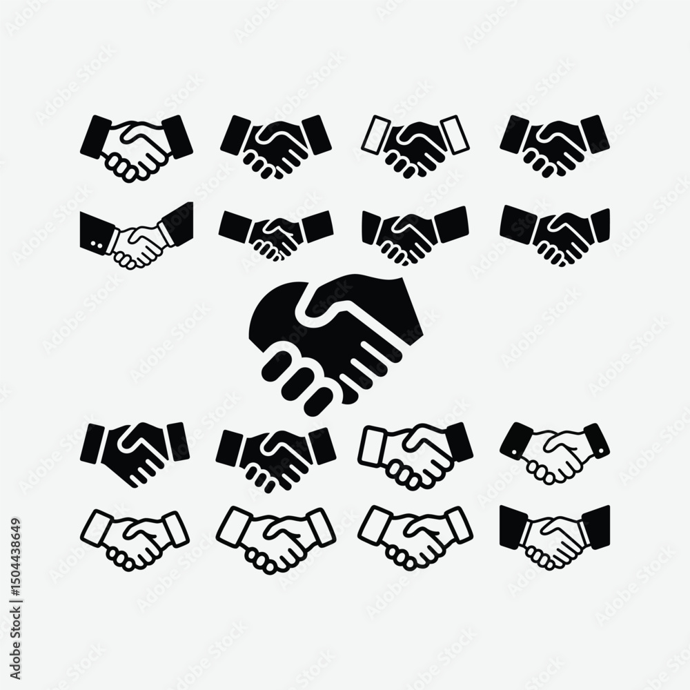 Fototapeta premium Handshake Icon Set – Business Agreement, Partnership Deal & Friendly Symbol Vector for Apps, UI & Websites on White Background