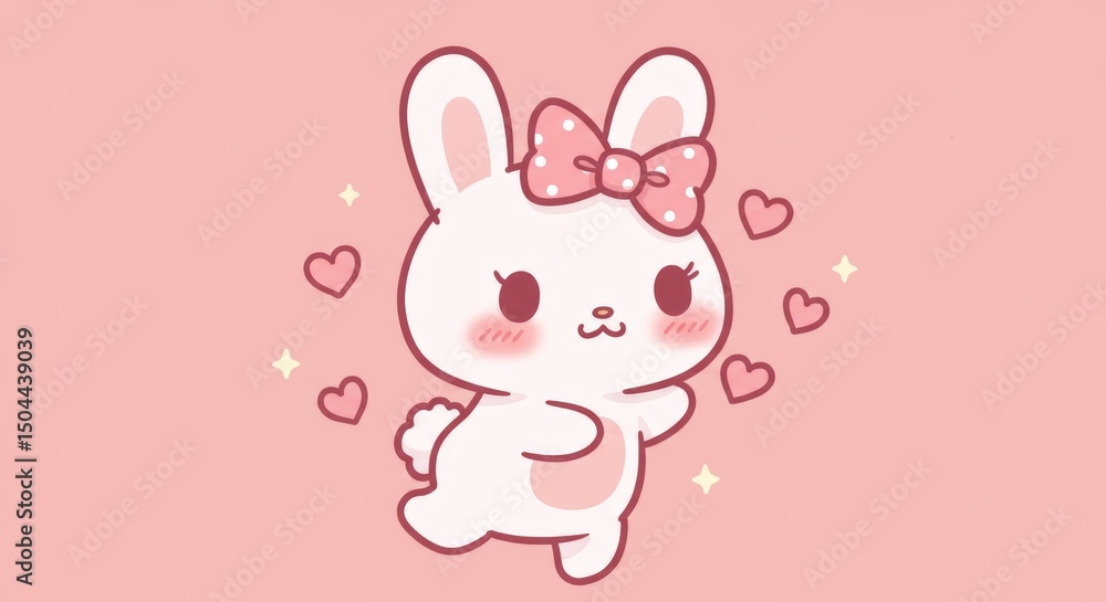 Delightful kawaii bunny illustration with bow, hearts, and soft pastel strawberry milk tones Delightful kawaii bunny illustration with bow, hearts, and soft pastel strawberry milk tones