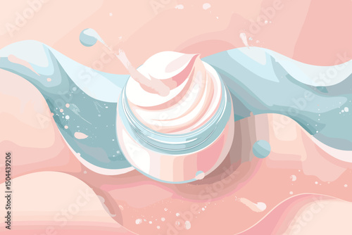Liquid cosmetic 3D hydration fluid splash on pink molecular structure background. Glossy fluid, foundation, cream, liquid texture shampoo, face skin care cosmetic soap, concealer wave liquid splash ad