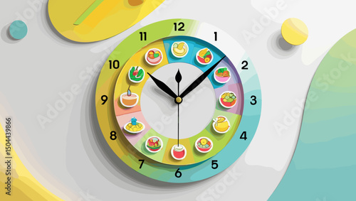 Colorful clock design featuring food icons on a playful background