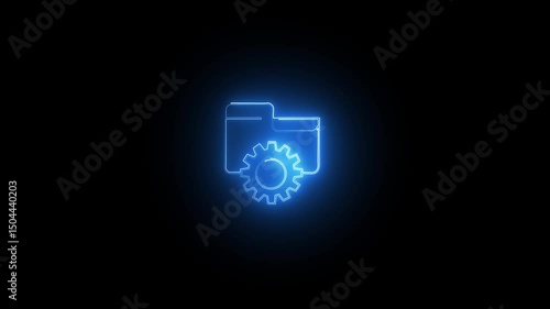 Neon folder with gear icon animation on black background. 4k vedio